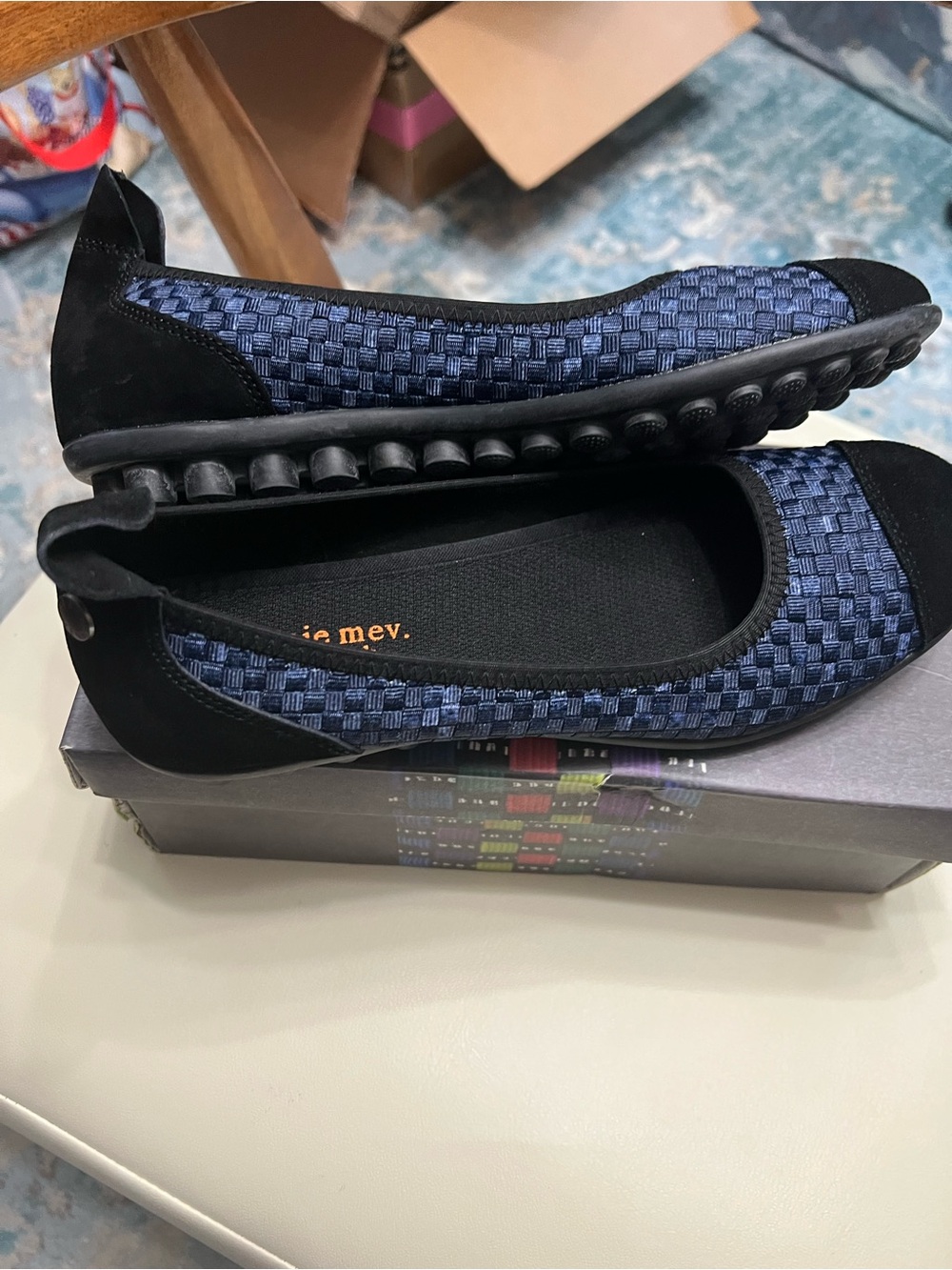 bernie mev. Navy and Black Woven Slip-On Flats